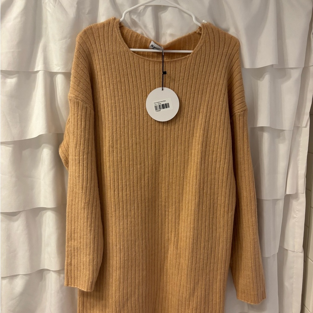 Tan Ribbed Sweater Dress